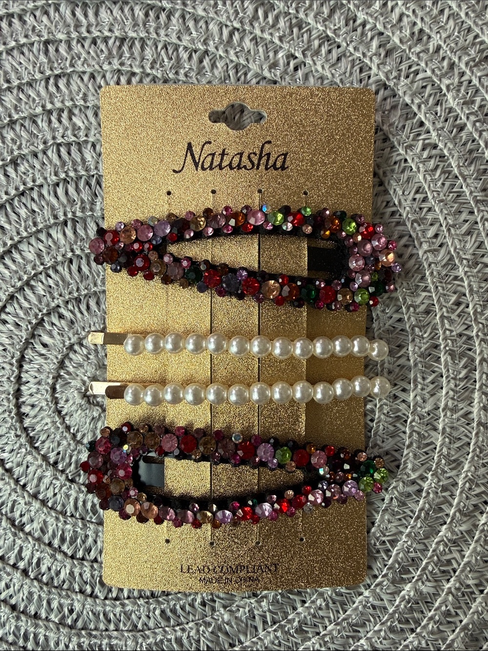 Natasha Couture Multicolor Crystal & Pearl Hair Clip Set - Gold Card